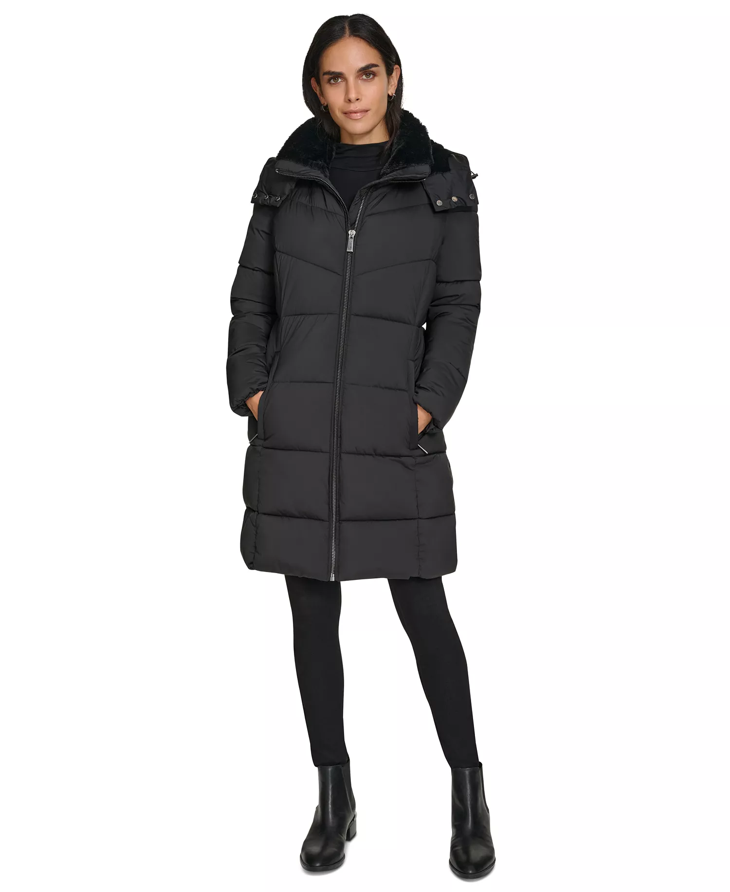 Women's Hooded Faux-Fur-Lined Midi Puffer Coat - Black - L