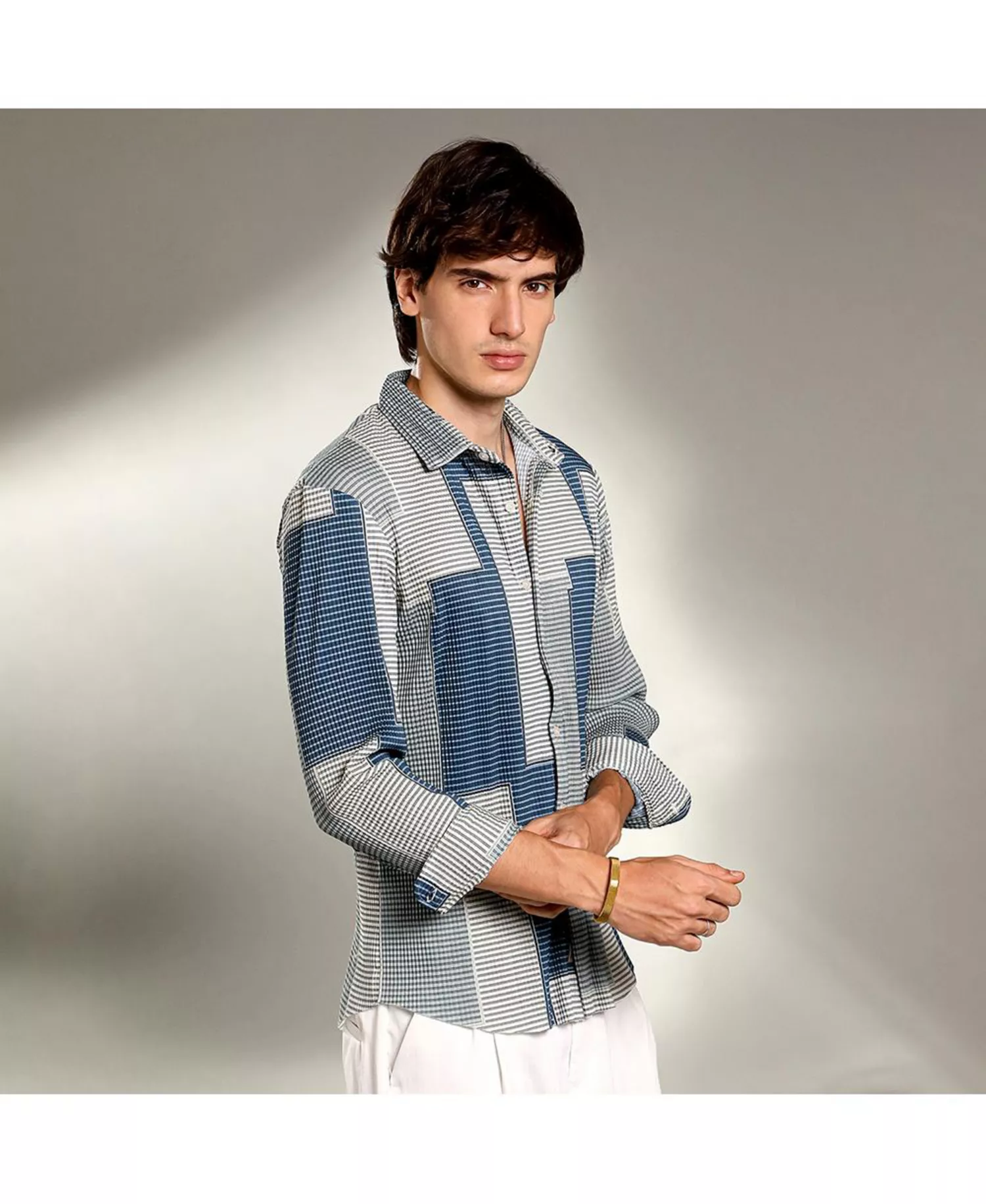 Men's Cloud Grey & Lapis Blue Retro-Pleat Shirt - Blue - L