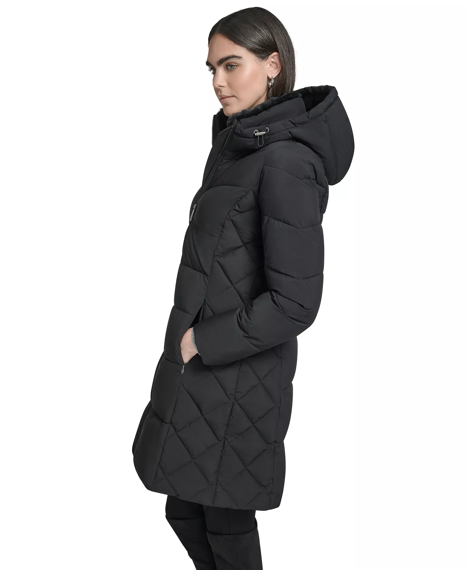 Women's Collar Hooded Puffer Coat - Black - L