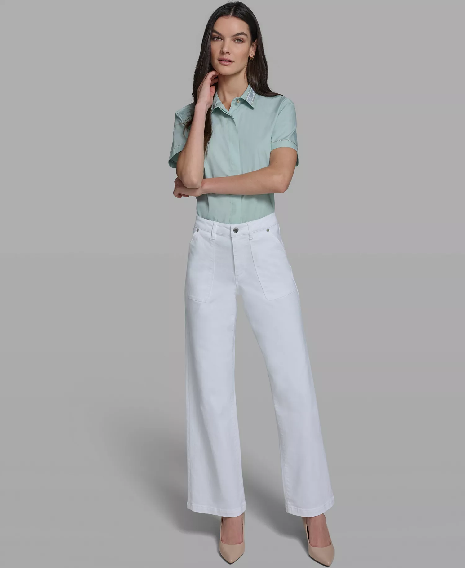 Women's Wide-Leg Mid-Rise Front Pocket Jeans - White Denim - 0